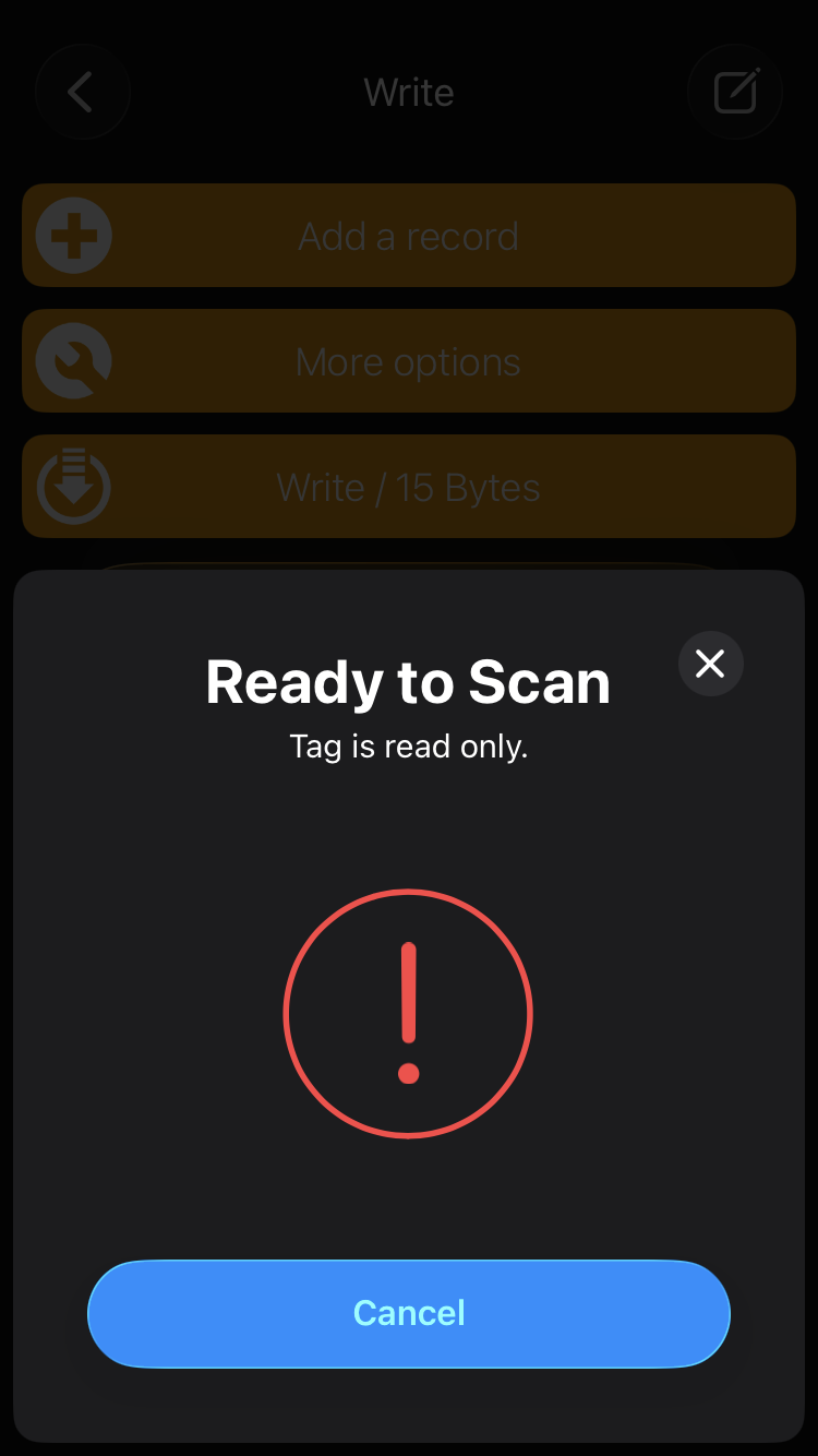 Demo of blocked write attempt on NFC tag.